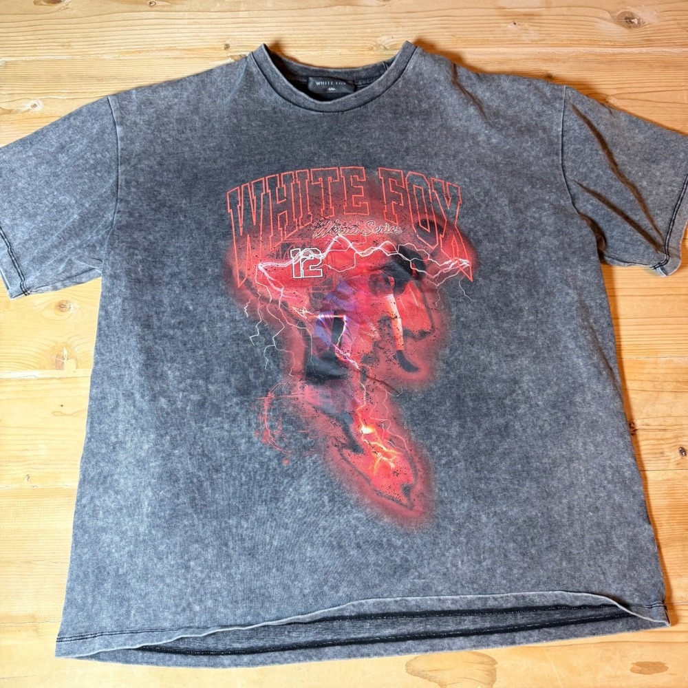 White‎ Fox World Series Graphic T-Shirt Acid Wash Charcoal Grey Oversized S/M